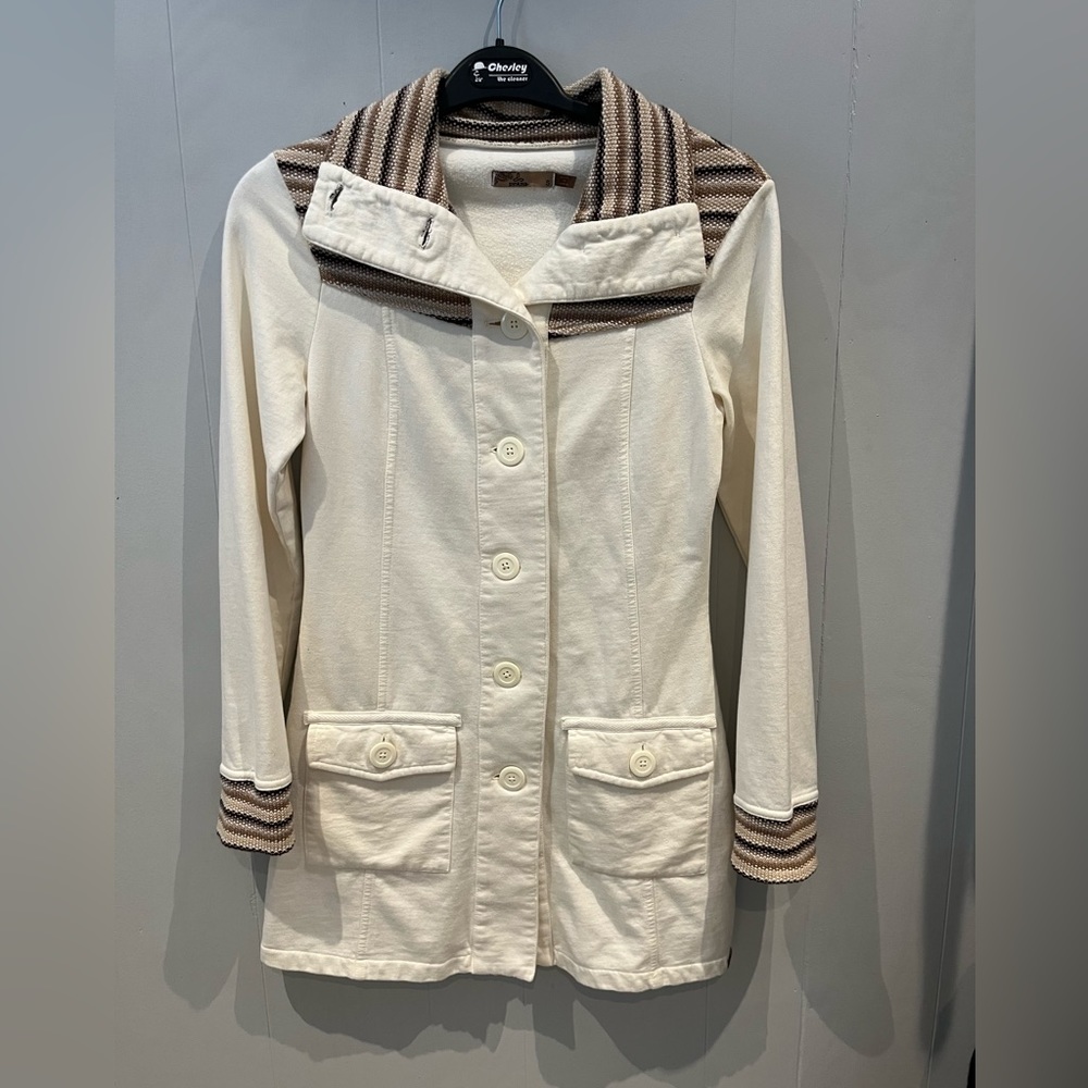 Prana Coat Dress. Small. Cream with tan and dark brown collar and cuffs.